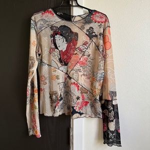 Vintage lettuce Mesh long sleeve Geisha print top